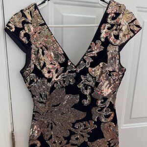 Guess Black with Gold Iridescent Sequin Floral Velvet Cocktail Dress
